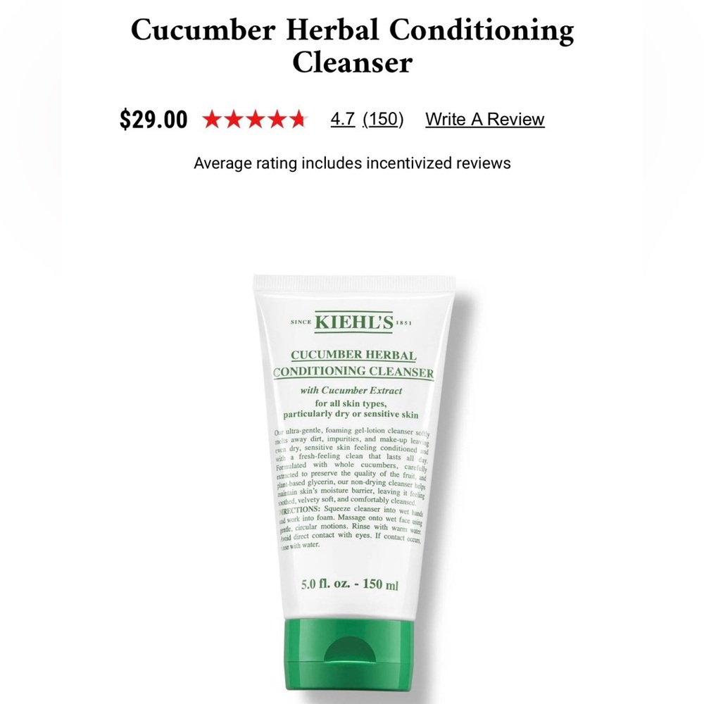 Brand New & Sealed. Kiehl’s Cucumber Herbal Conditioning Cleanser, 5oz.
